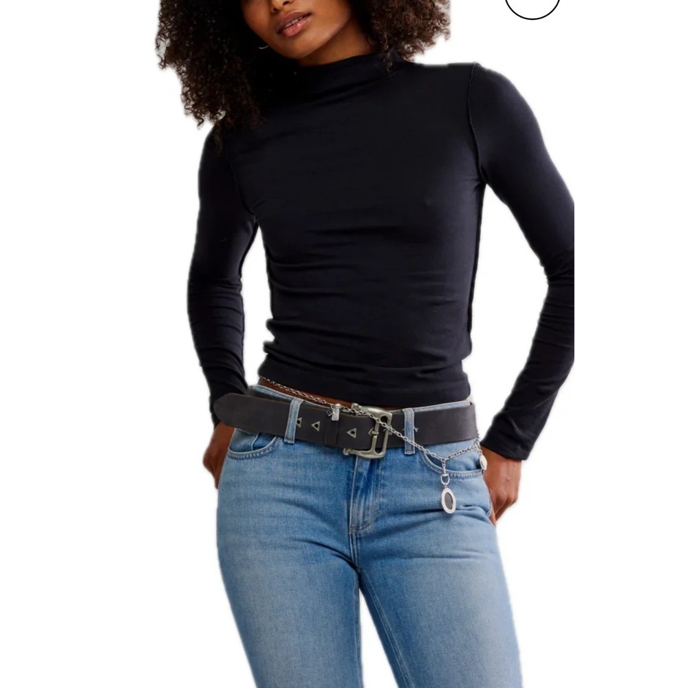 Free People We The Free Mock Neck Top Womens Small Black Exposed Seams